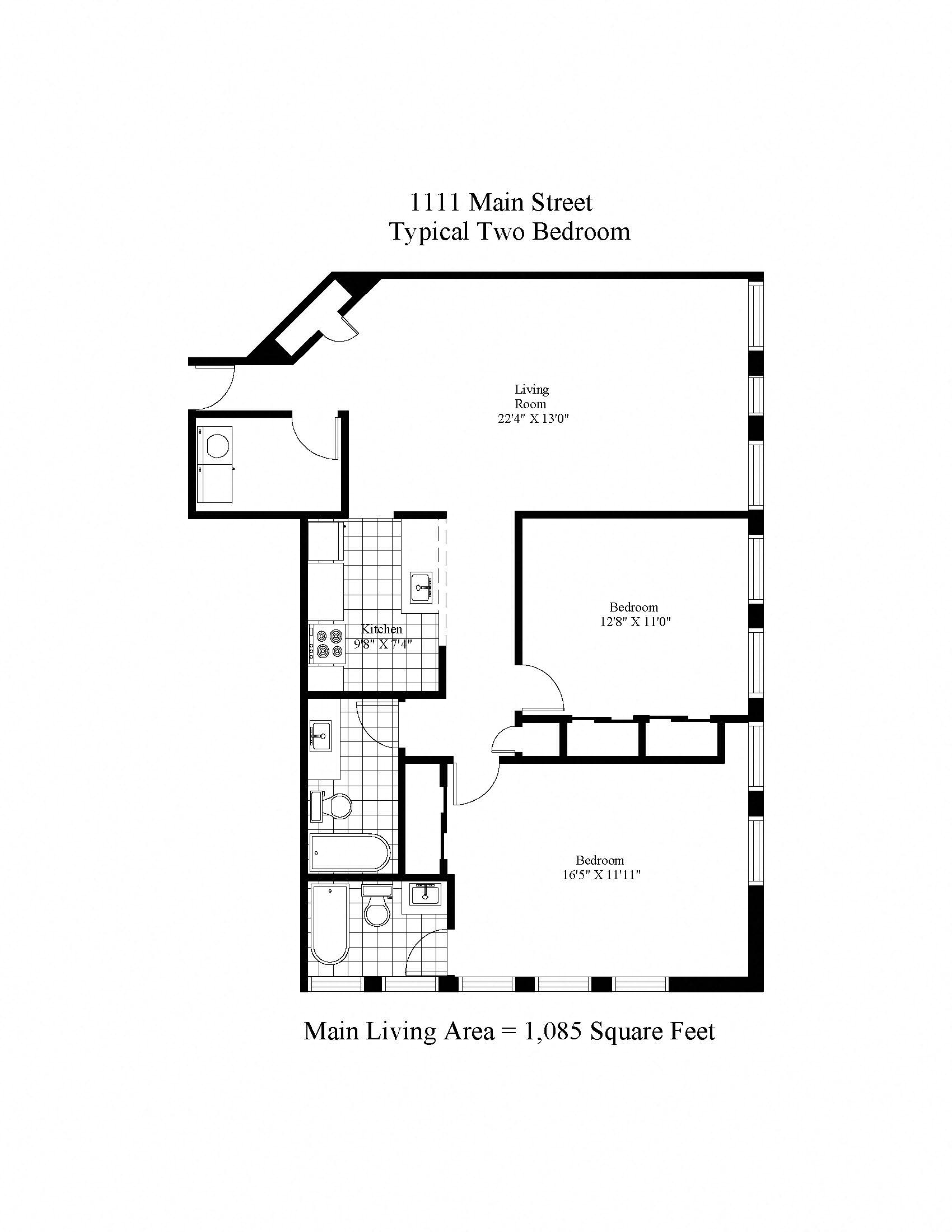 Floor plan for 2 beds, 2 baths, 1085 sqft